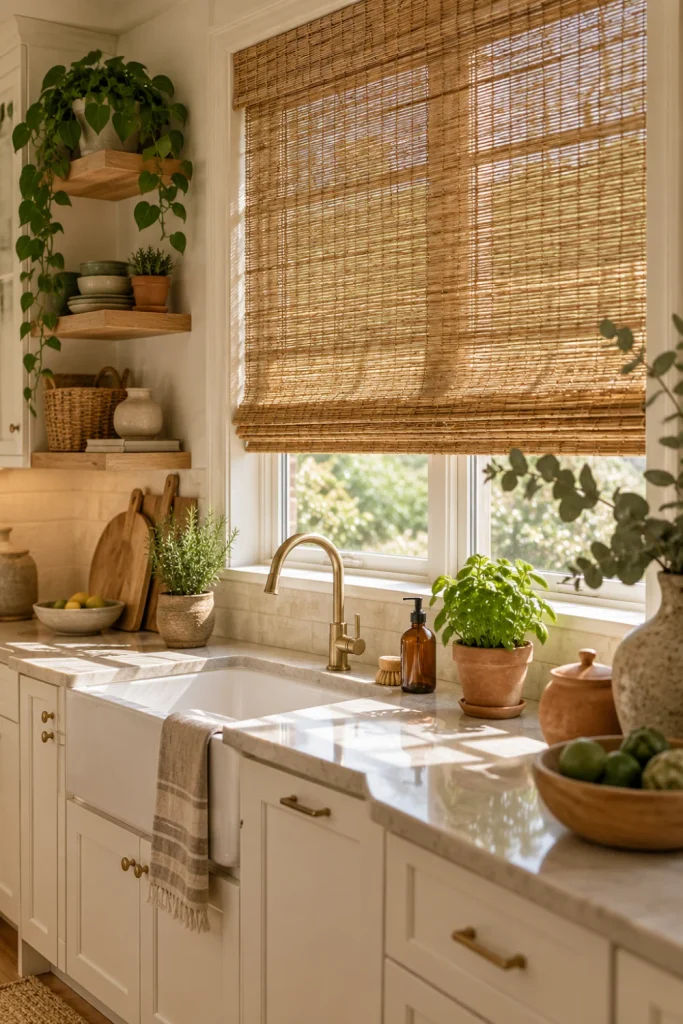Natural bamboo kitchen blinds filtering sunlight above a modern kitchen with wood, stone, greenery, and woven accents.