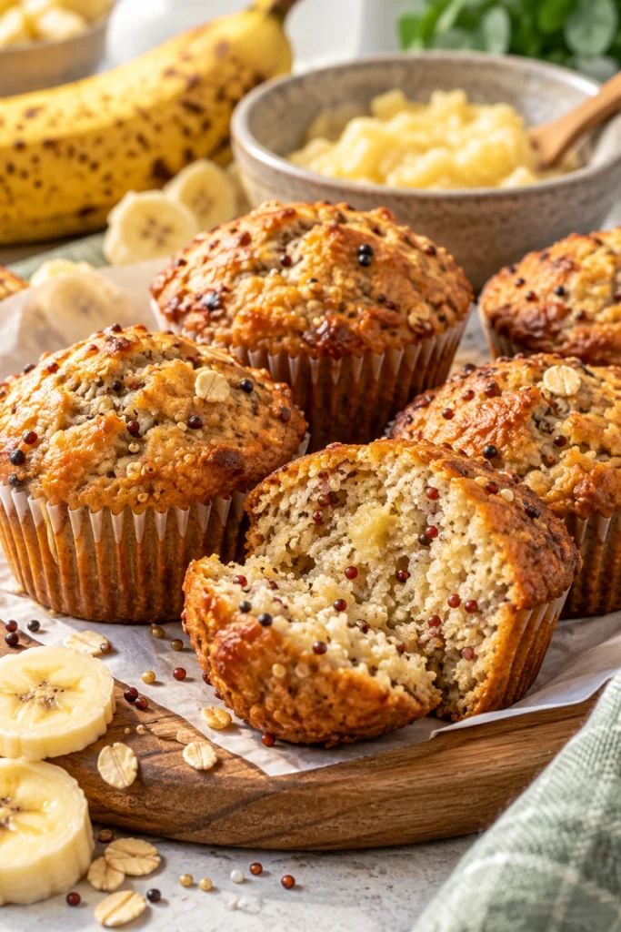Banana Quinoa Power Muffins with ripe mashed banana, golden muffin tops, and a soft moist interior.
