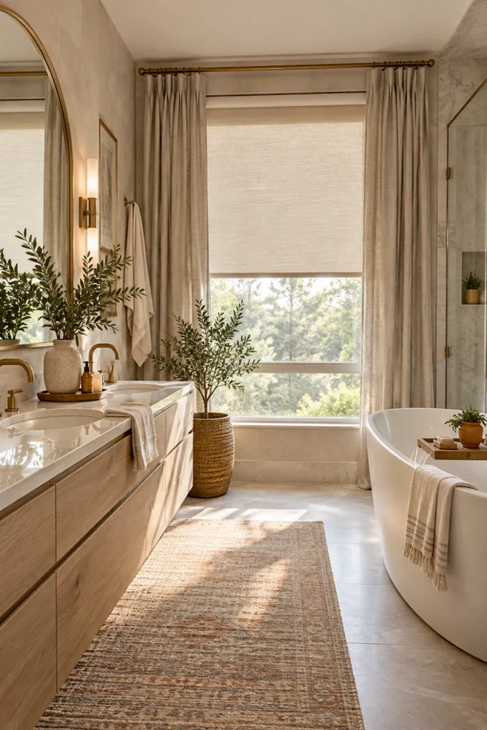 Layered Bathroom Blinds and moisture-resistant curtains framing a large modern bathroom window.