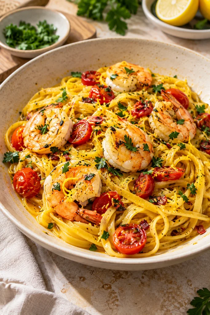 Beautifully plated Saffron Pasta with Garlic Butter and Parsley with shrimp, tomatoes and lemon.