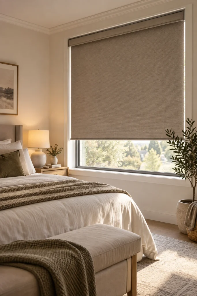 Bedroom Blinds with blackout window treatment for stylish light control and privacy.