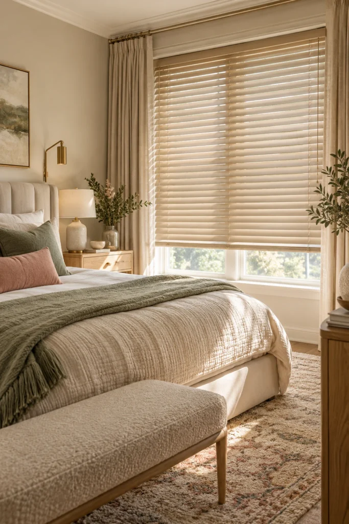 Bedroom Blinds coordinated with cushions, artwork, rug, and furniture in a cohesive modern interior.
