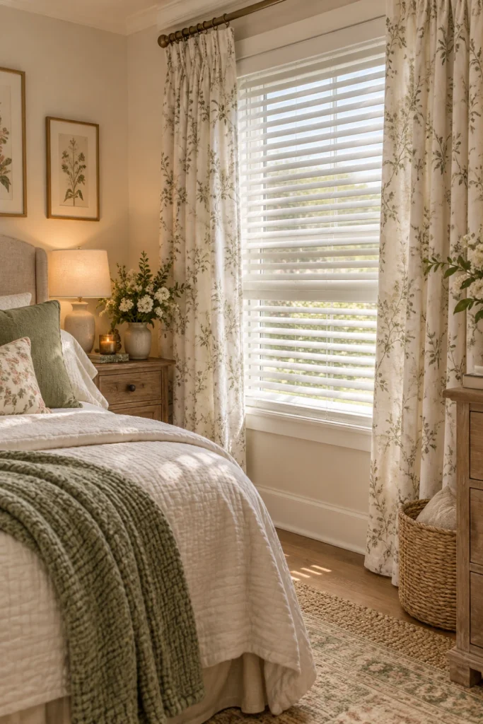 Bedroom Blinds paired with floral curtains in a cozy modern cottage-style bedroom.