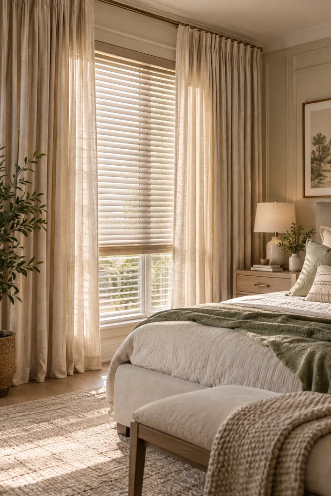 Bedroom Blinds layered with elegant full-length curtains for a luxurious modern bedroom window.