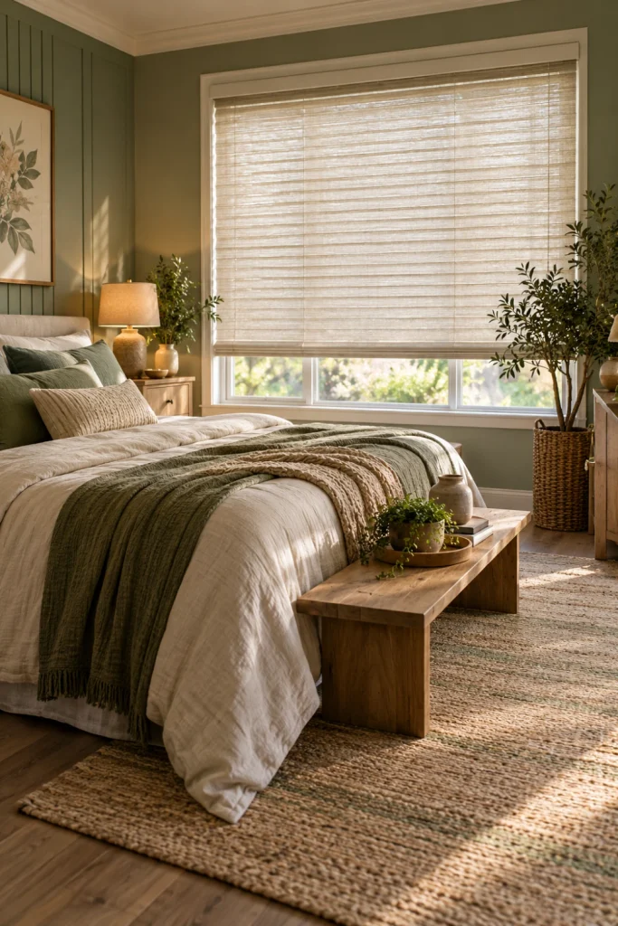Bedroom Blinds in a calm green and neutral bedroom with cream bedding, pale wood, and natural textures.