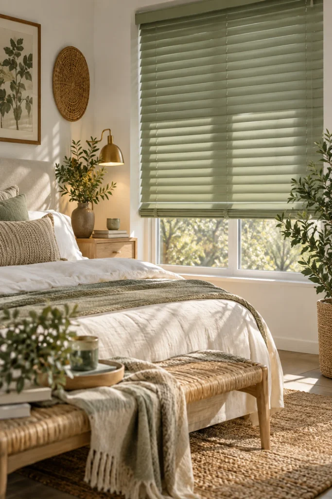 Bedroom Blinds in muted sage green paired with white bedding and natural wood bedroom decor.