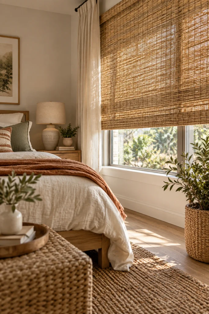 Bedroom Blinds made from natural woven material paired with linen bedding and earthy bedroom decor.