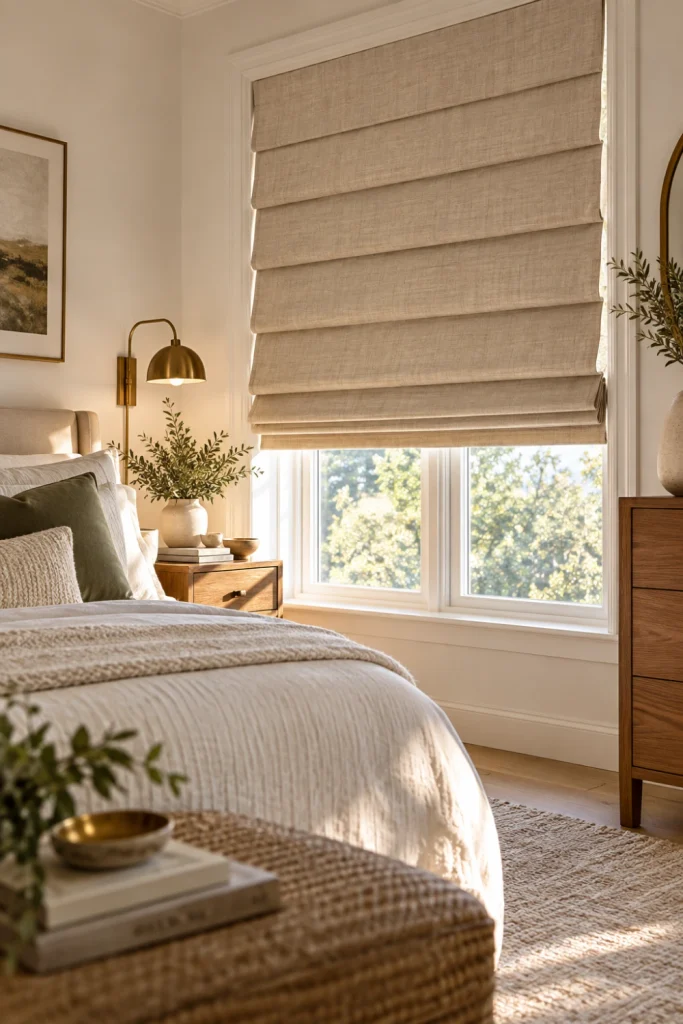 Bedroom Blinds featuring elegant textured Roman blinds in a tailored modern bedroom.