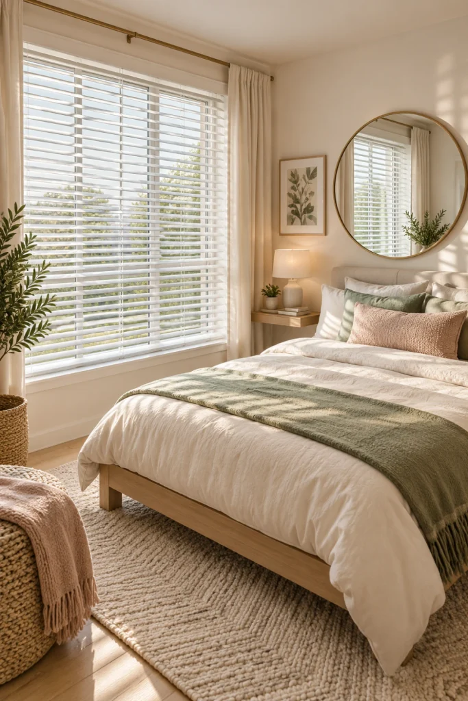 Bedroom Blinds in a small bright bedroom using white and neutral window coverings to create an airy look.