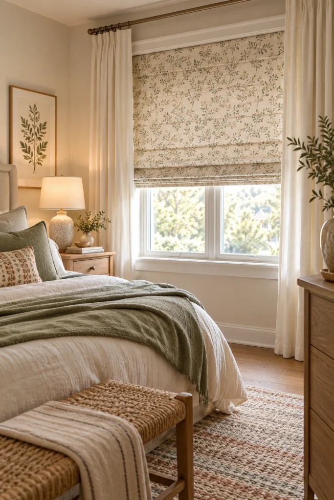 Bedroom Blinds with a subtle neutral pattern paired with solid curtains and modern bedroom decor.