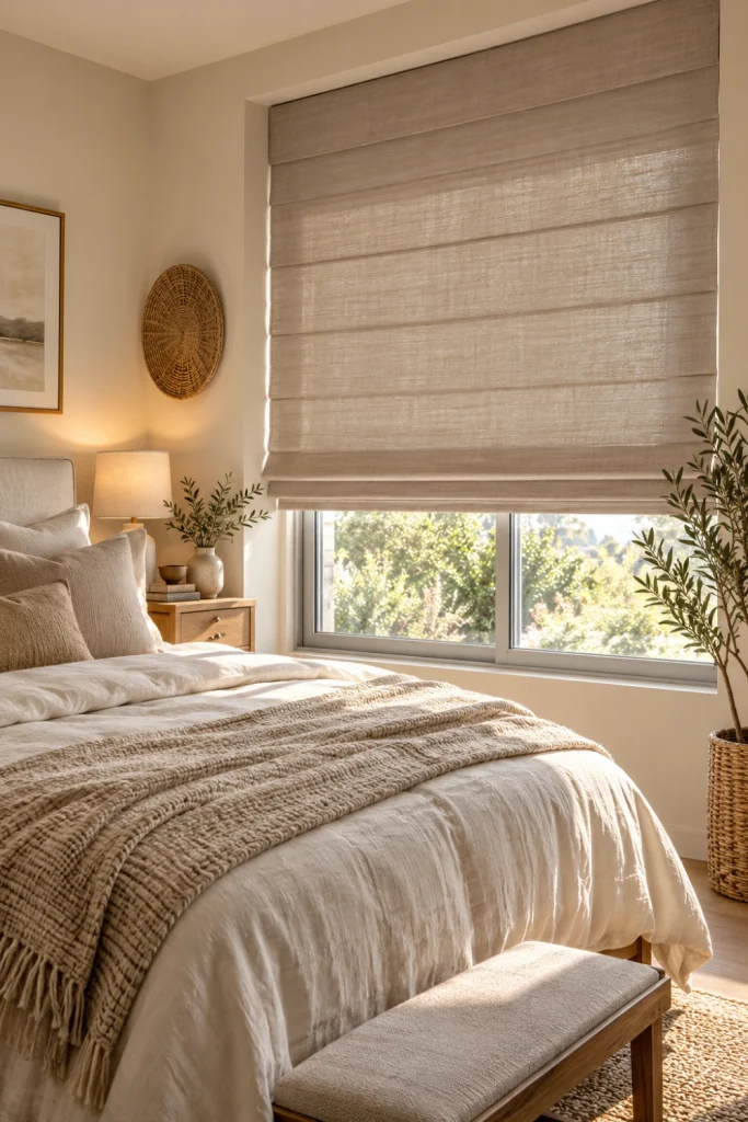 Bedroom Blinds in a warm neutral bedroom with beige, cream, taupe, and pale wood decor.