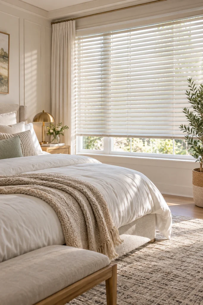 Bedroom Blinds coordinated with white bedding in a serene luxury-inspired bedroom.