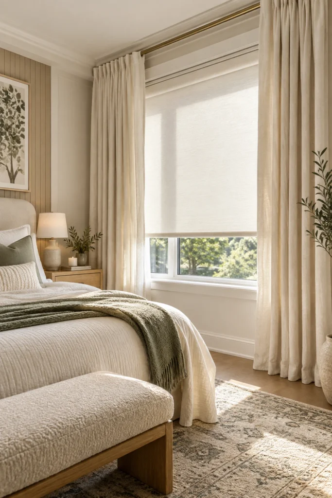 Bedroom Blinds layered with white blinds and soft neutral curtains in a bright modern bedroom.