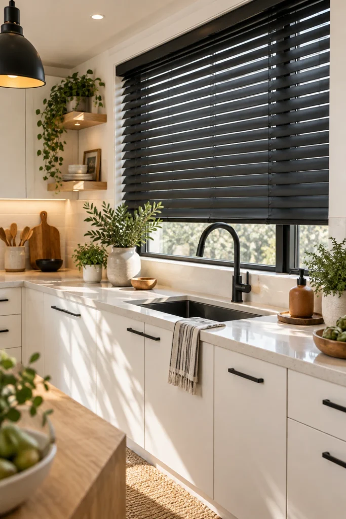 Dramatic black kitchen blinds against white cabinetry with black hardware, light wood, and modern decor.