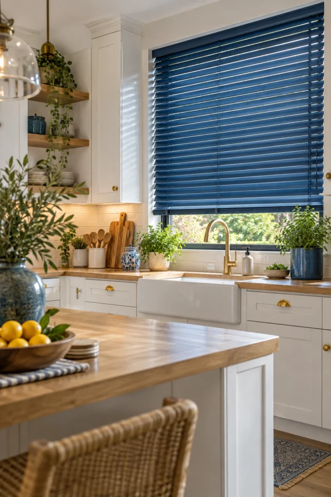 Elegant blue kitchen blinds paired with white cabinets, pale wood, brass hardware, and fresh botanical accents.