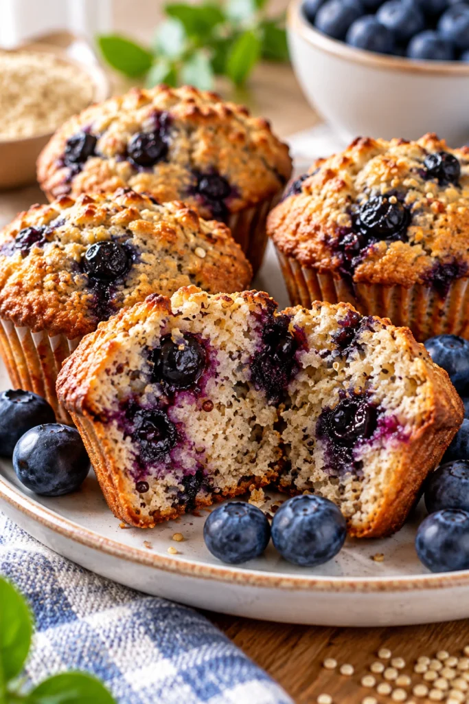 Blueberry Quinoa Power Muffins with fresh blueberries, golden muffin tops, and juicy berry-filled centers.