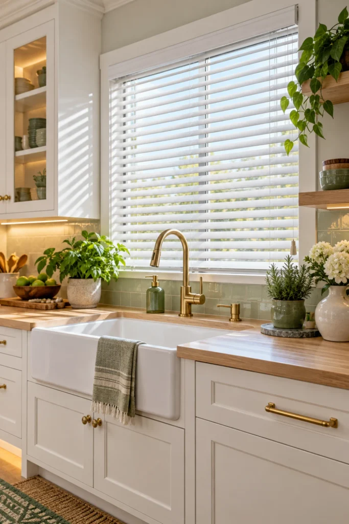 Bright white kitchen blinds above a modern sink with light cabinetry, natural wood accents, and colorful decor.