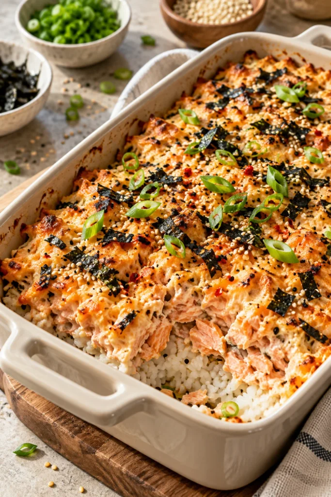 Easy canned Salmon Sushi Bake with creamy salmon, sushi rice, sesame seeds, scallions and nori.