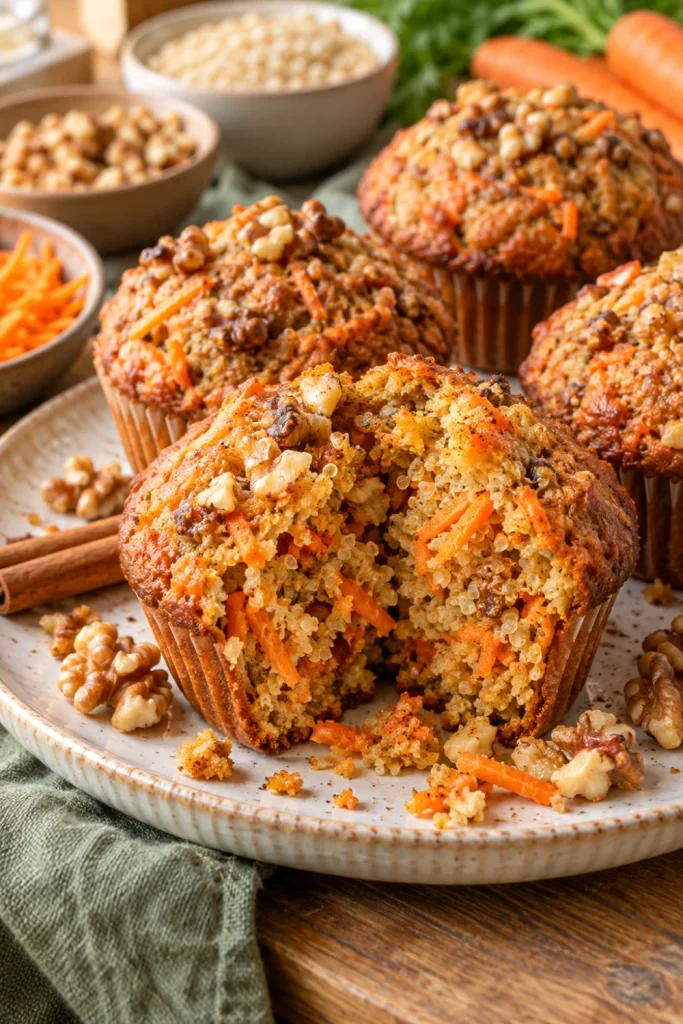 Carrot Cake Quinoa Power Muffins with grated carrot, cinnamon, and chopped walnuts.