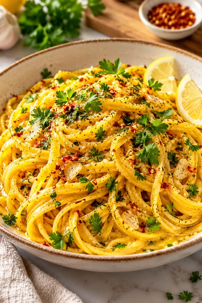 Saffron Pasta with Garlic Butter and Parsley finished with chilli flakes and parsley.