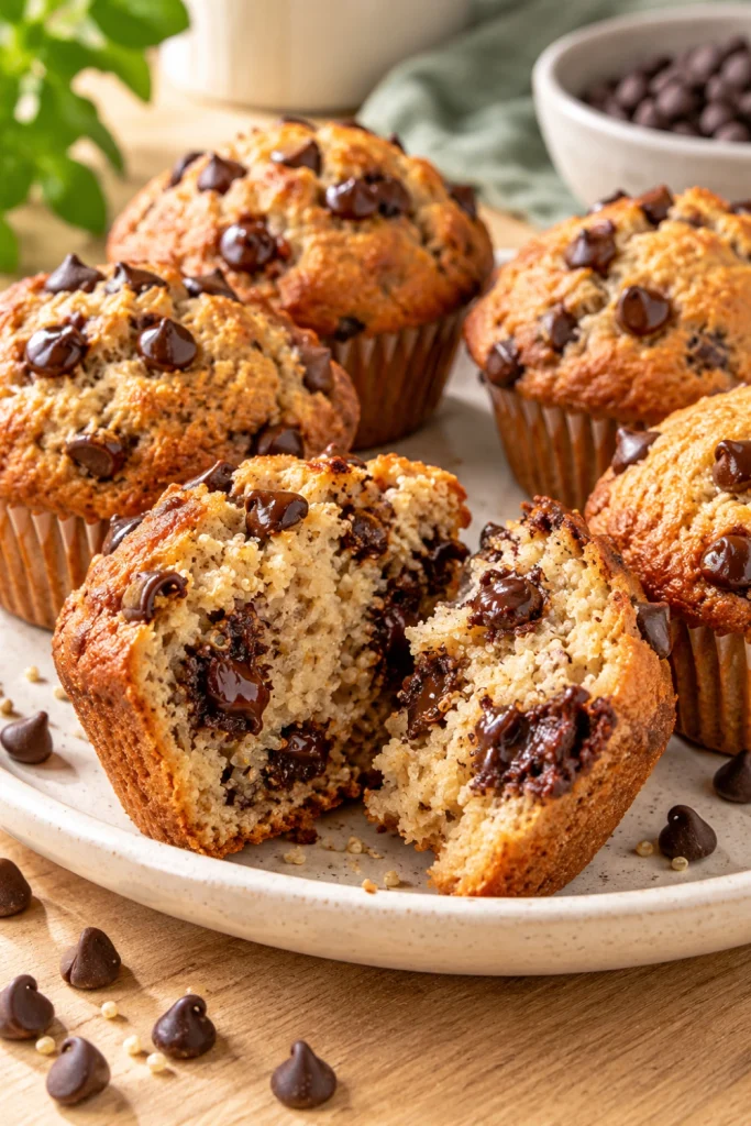Chocolate Chip Quinoa Power Muffins with melted dark chocolate chips and golden bakery-style muffin tops.