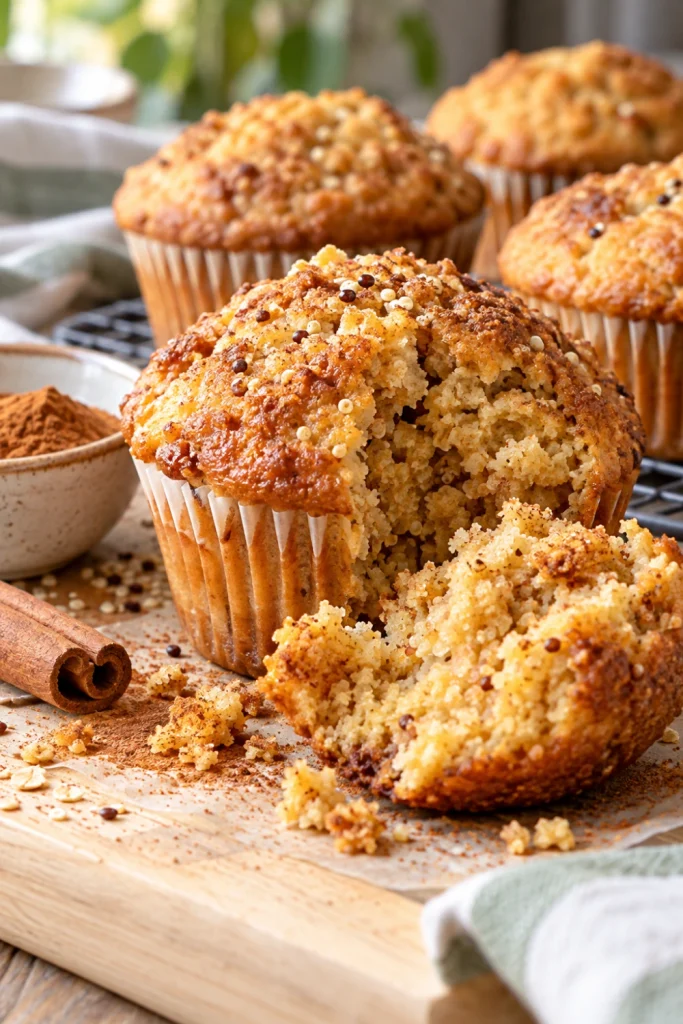 Cinnamon-spiced Quinoa Power Muffins with warm golden tops, cinnamon, and natural bakery-style texture.