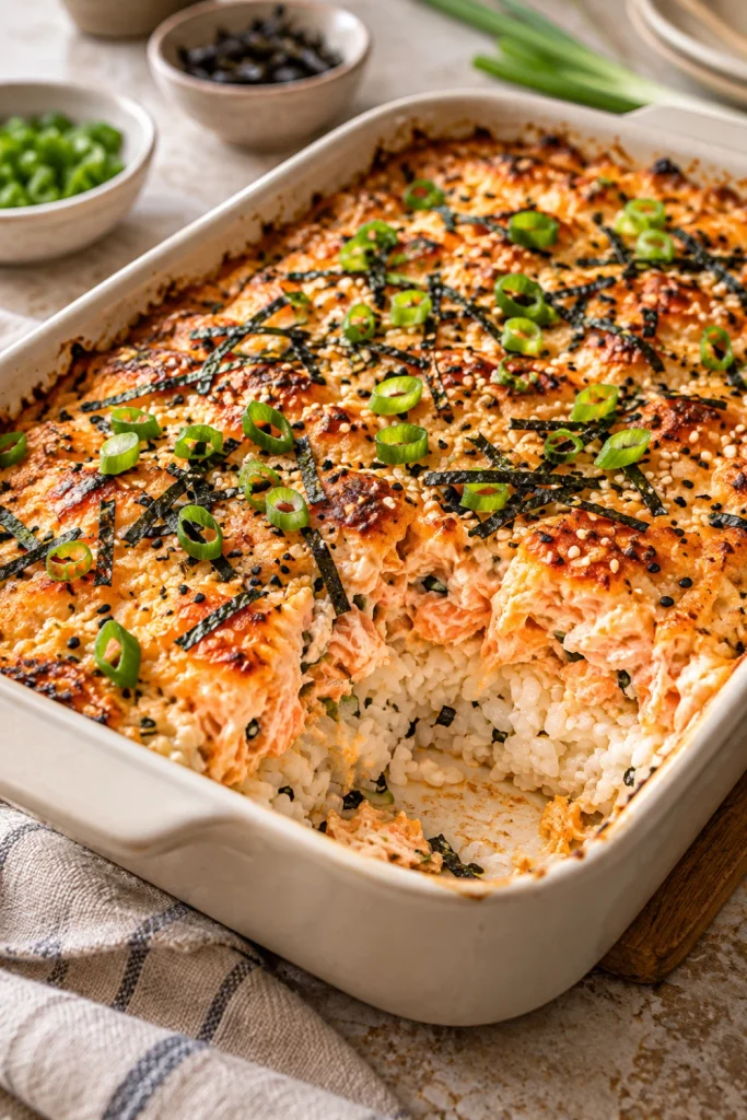 Classic creamy Salmon Sushi Bake with seasoned sushi rice, creamy salmon, cream cheese, sesame seeds, scallions and nori.