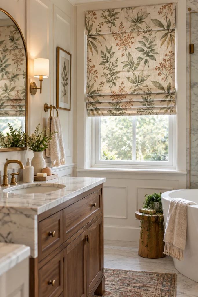 Classic patterned Roman Bathroom Blinds adding elegant character to a sophisticated transitional bathroom.