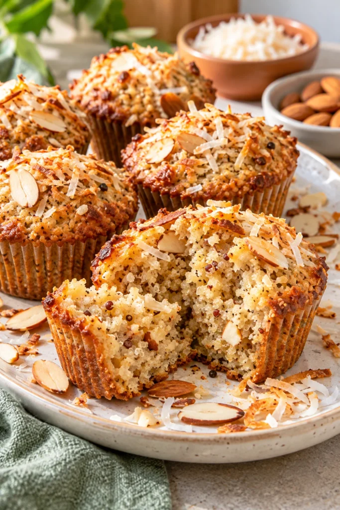 Coconut Almond Quinoa Power Muffins topped with shredded coconut and toasted almonds.