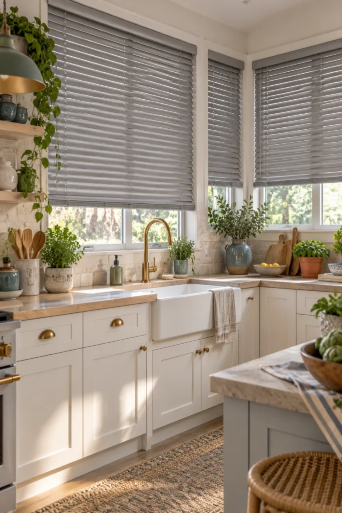 Coordinated kitchen blinds across corner and sink windows in a bright modern kitchen with white cabinets, wood, and sage accents.