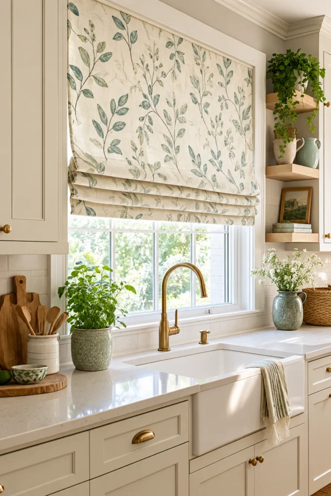 Cottage kitchen Roman blinds with soft botanical fabric, cream cabinets, warm wood, and elegant natural decor.