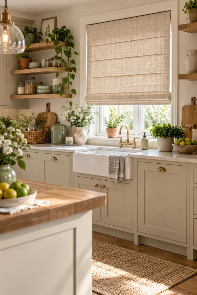 Neutral country kitchen blinds above a bright farmhouse-style kitchen with cream cabinetry, wood details, and botanical accents.