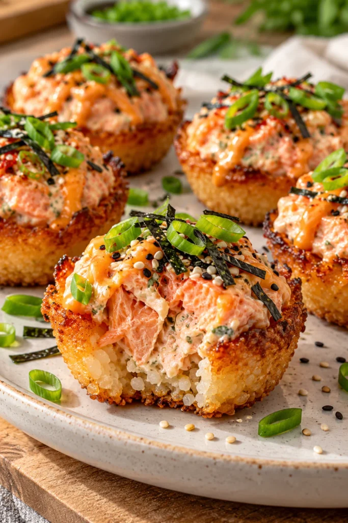 Crispy rice Salmon Sushi Bake cups with creamy salmon filling, spicy mayo, sesame seeds and scallions.