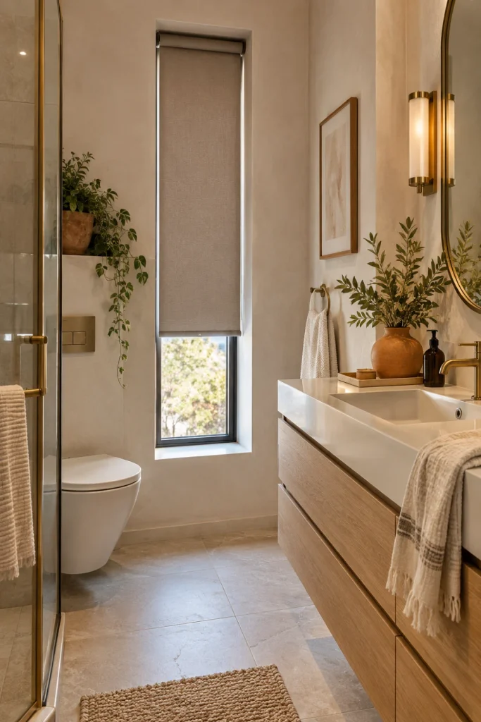 Custom-fitted Bathroom Blinds perfectly proportioned to a modern bathroom window with coordinated neutral decor.