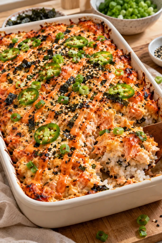 Easy spicy Salmon Sushi Bake topped with spicy mayo, sriracha, sesame seeds and fresh jalapeño.