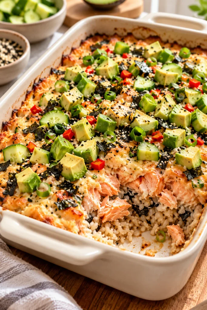 Healthy Salmon Sushi Bake with salmon, brown rice, vegetables, Greek yogurt, avocado and fresh cucumber.