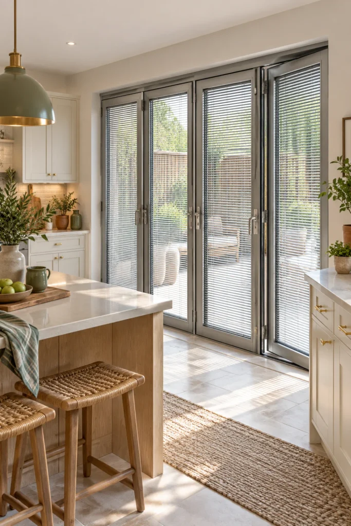 Modern kitchen blinds fitted to bifold doors in a bright kitchen with white cabinetry, wood, greenery, and natural light.