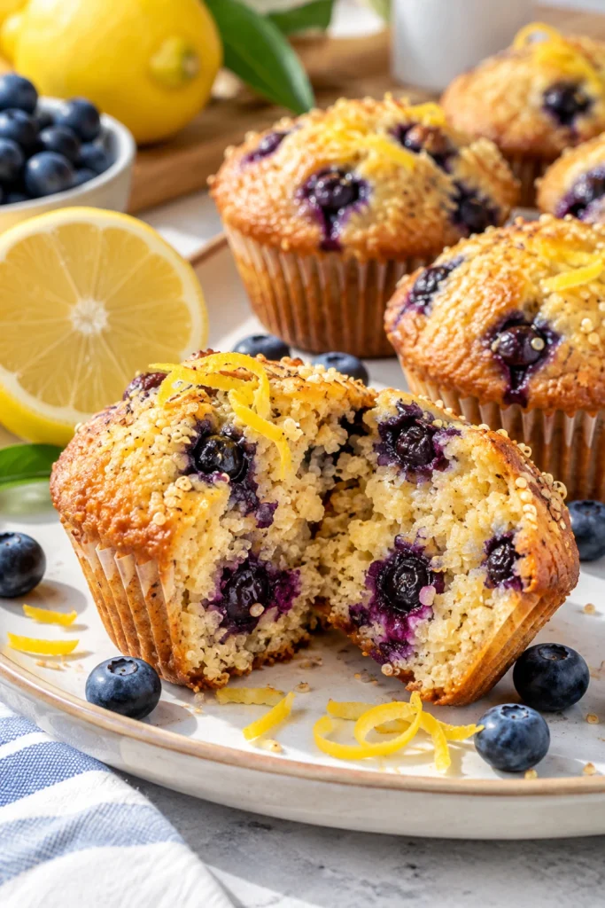 Lemon Blueberry Quinoa Power Muffins with fresh blueberries and delicate lemon zest.
