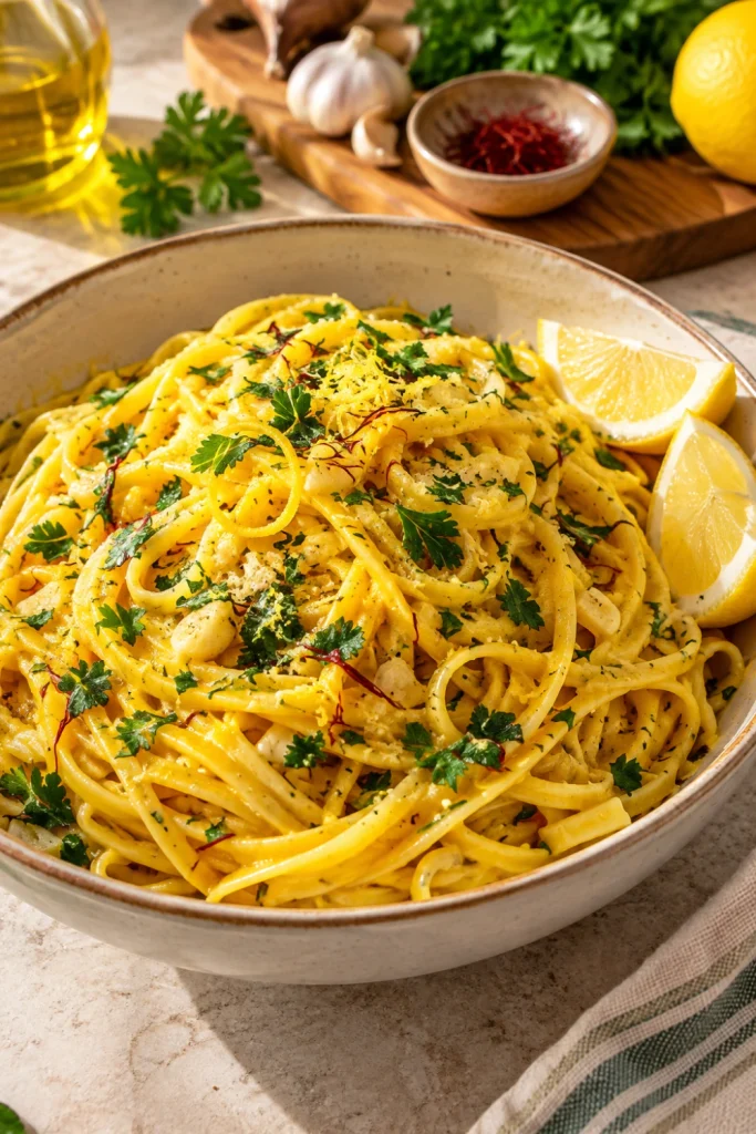 Saffron Pasta with Garlic Butter and Parsley finished with fresh lemon and parsley.