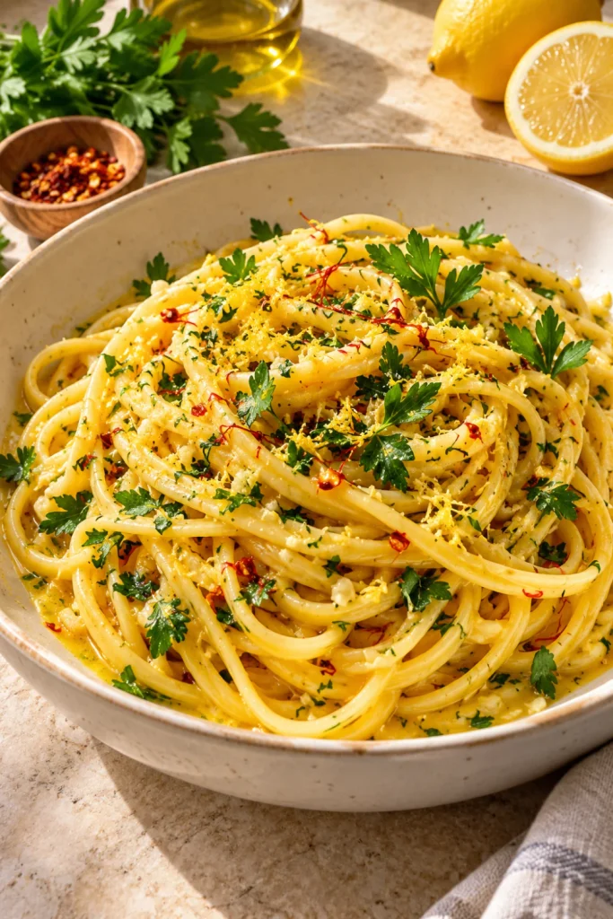 Linguine Saffron Pasta with Garlic Butter and Parsley coated in a rich golden sauce.
