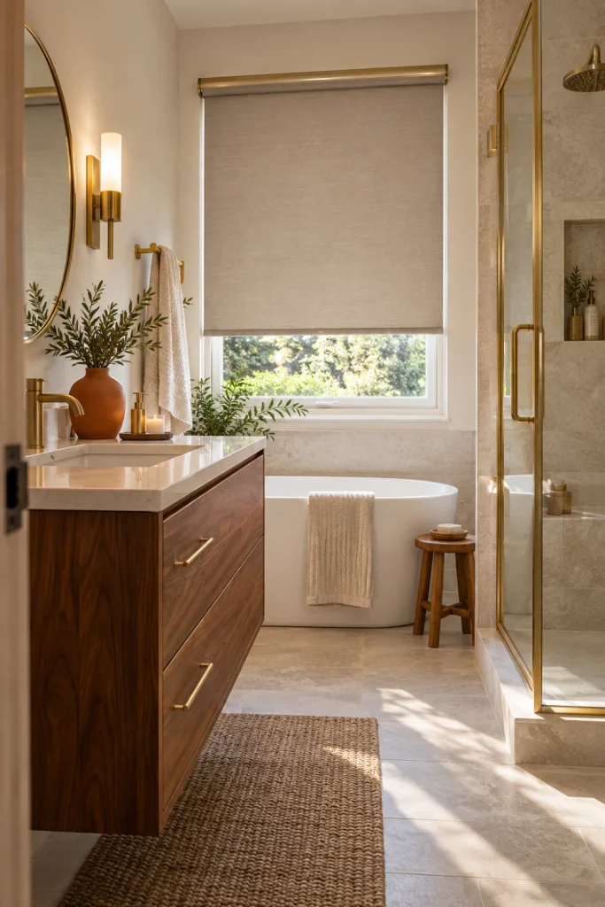 Modern Bathroom Blinds coordinated with brushed brass bathroom hardware for a cohesive contemporary interior.