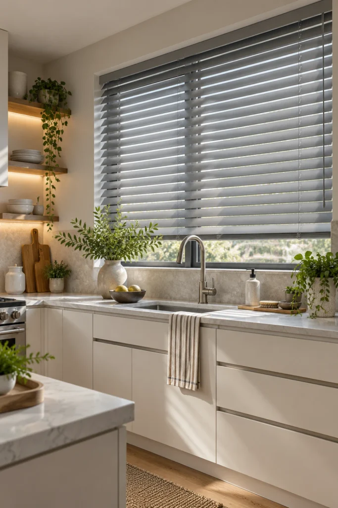 Modern grey kitchen blinds in a sleek contemporary kitchen with white cabinetry, stone surfaces, and warm wood accents.