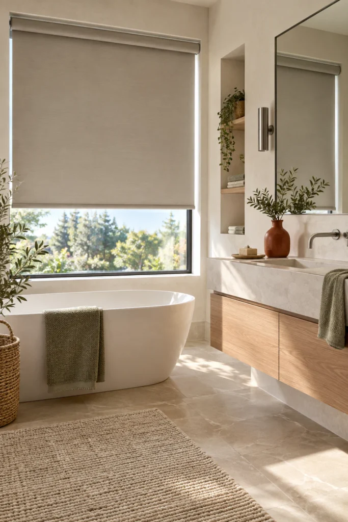 Minimalist modern Bathroom Blinds in a clean neutral bathroom with a streamlined roller blind and contemporary finishes.