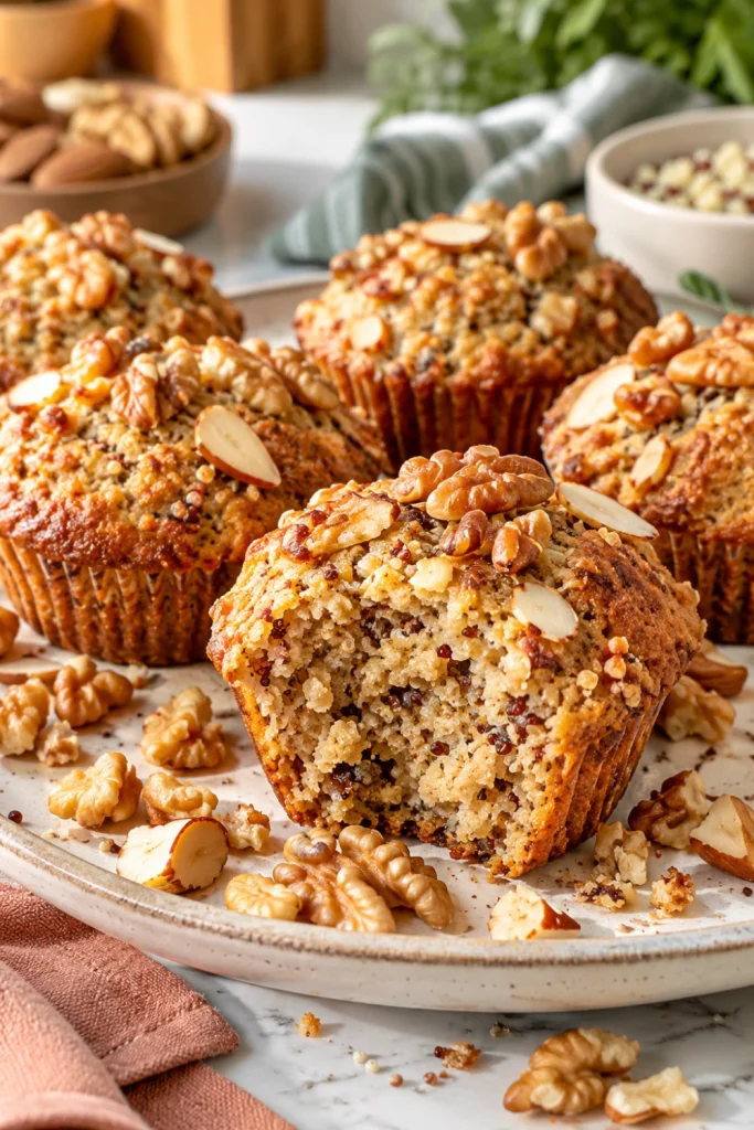 Nutty Quinoa Power Muffins topped with chopped walnuts and almonds, showing a crunchy golden exterior.