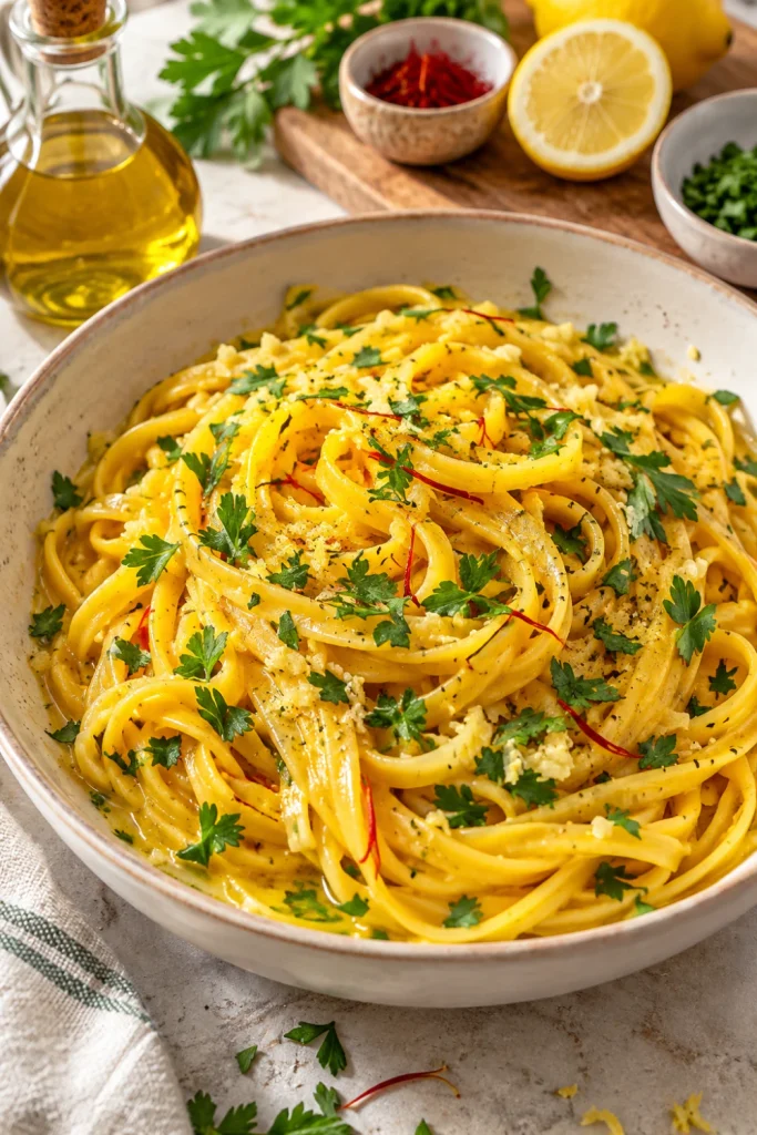 Saffron Pasta with Garlic Butter and Parsley finished with olive oil and fresh herbs.