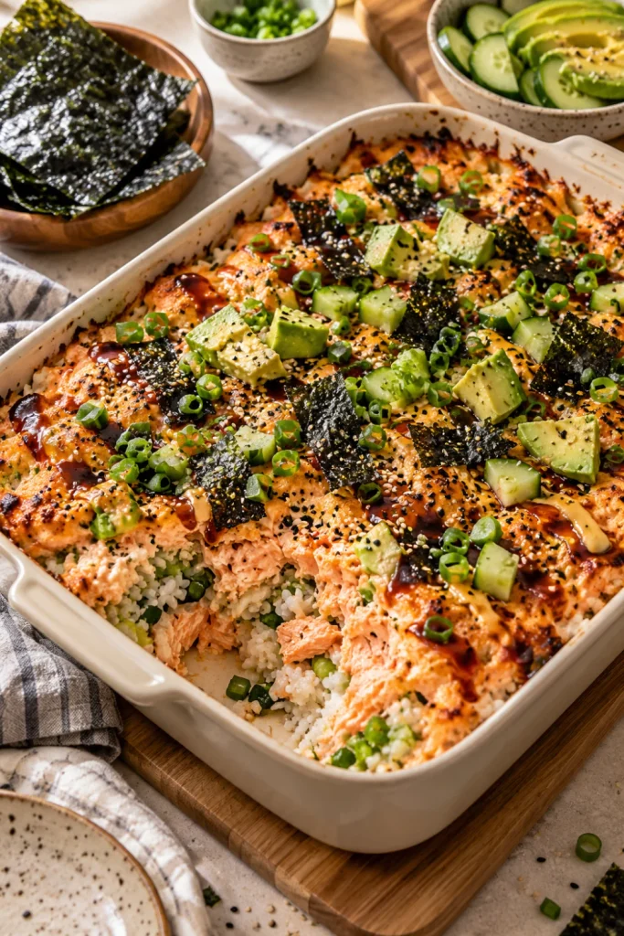 Oven-baked Salmon Sushi Bake casserole with seasoned rice, creamy salmon, teriyaki sauce, vegetables, sesame and nori.