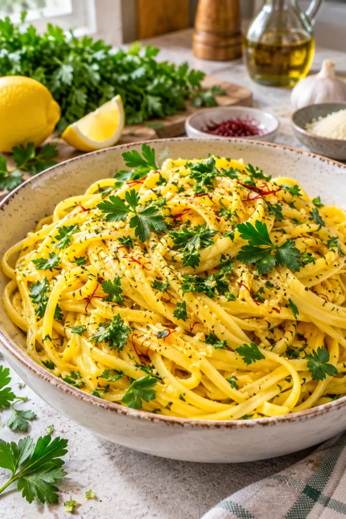 Saffron Pasta with Garlic Butter and Parsley generously finished with fresh chopped parsley.