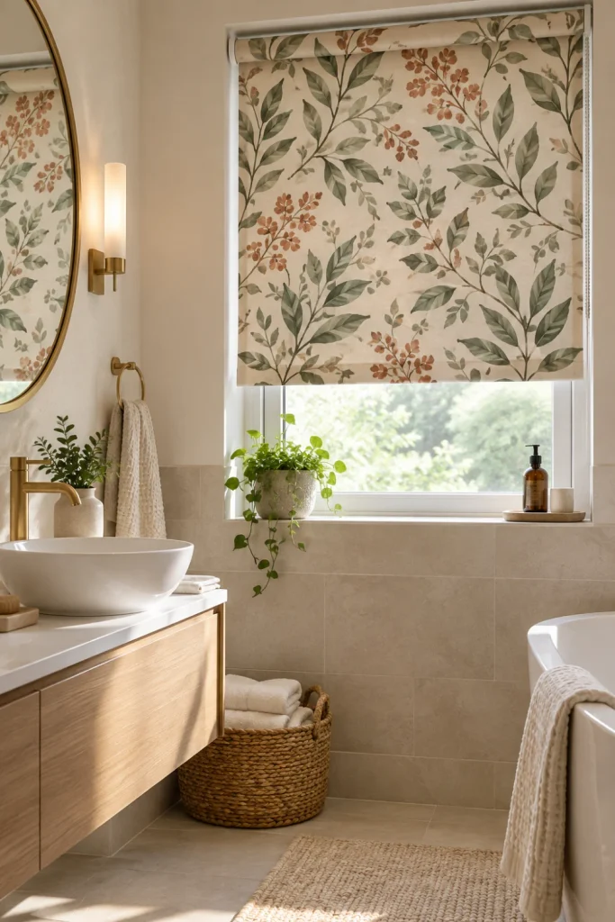 Stylish patterned Bathroom Blinds with a subtle botanical print adding color to a modern neutral bathroom.