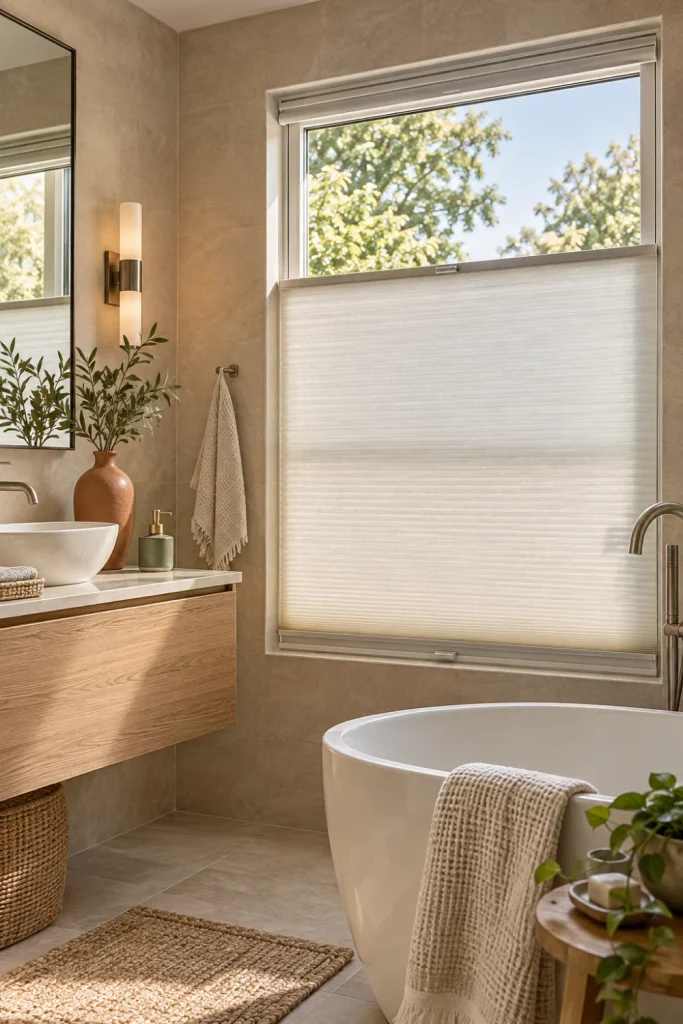 Privacy-focused Bathroom Blinds providing filtered daylight and discreet coverage in a modern bathroom.
