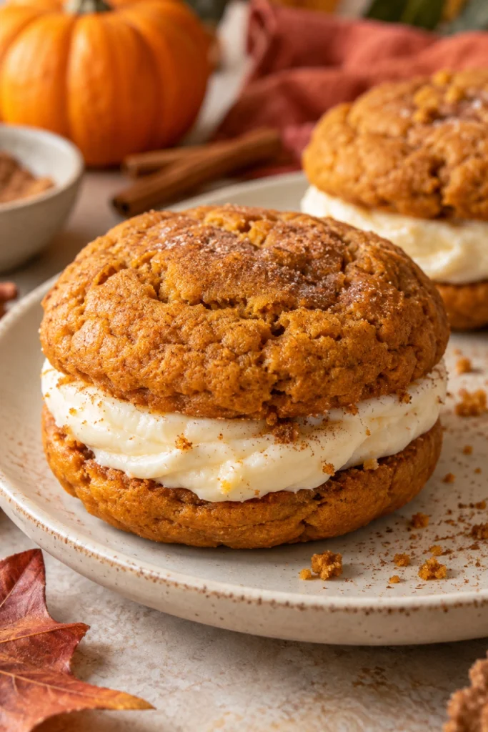 Assembled Pumpkin Party Cookie Sandwich showing two soft pumpkin cookies and a generous creamy center.